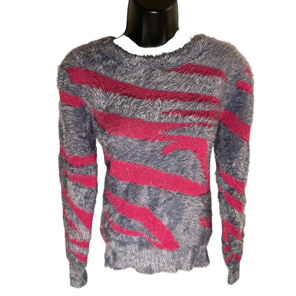 Jon &‎ Anna New York Fuzzy Zebra Stripe Sweater Top Women Small Gray Pink